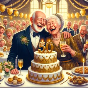 Illustration av ett par som firar sin bröllopsdag efter 50 år tillsammans