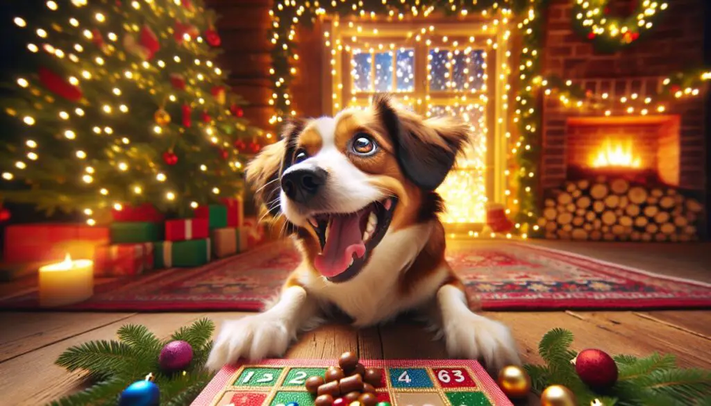 En glad hund som får hundgodis från en julkalender.